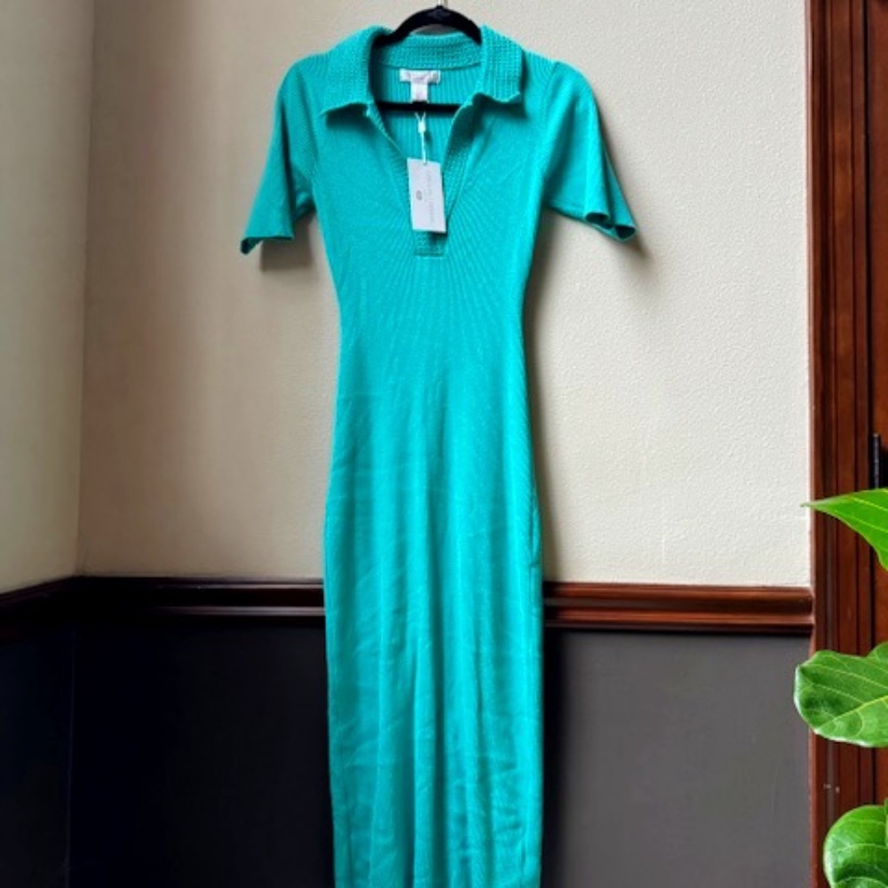 Caroline Constas Knit Dress Turquoise Crochet Collar Bodycon